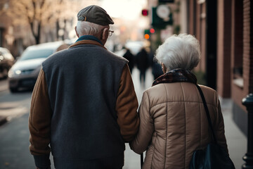 Forever in Love: Elderly Couple's City Stroll. Generative AI.