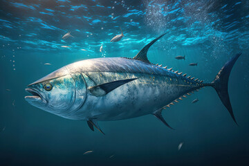 Close big bluefin tuna fish swimming in clear ocean water, Generative AI