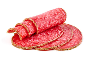 Peppered salami sausage, Isolated on white background.