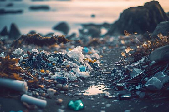 Garbage plastic and human waste. Environmental pollution ocean and water. Generation AI