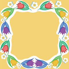 frame of spring flowers of tulips,greeting card with spring flowers of tulips,yellow,pink,purple,happy spring,hello spring,spring flowers,daisies