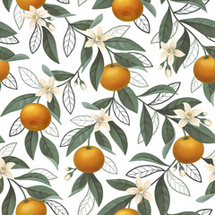 Hand painted illustration of orange tree branch. Seamless pattern design. Perfect for fabrics, wallpapers, clothes, home textile, posters, packaging design, stationery and other goods