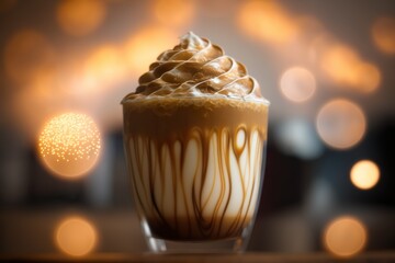 Winter's Delight: Mesmerizing Caramel Mocha Latte Art in a Cozy Cafe. Generative AI.