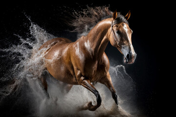 Brown horse runs through the water with many big splashes on black background. AI Generative