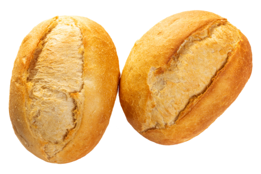 PNG, Two round white flour buns. Isolate 