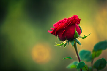 Obraz premium A red rose, symbol of love and passion, in its natural green environment. Ideal to create a unique atmosphere in any composition. Generative AI