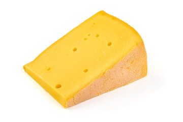 Semi-hard cheese with saffron, close-up, isolated on white background.