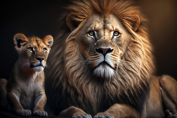 Fototapeta na wymiar Lions farher and cub portrait on dark background. AI Generative