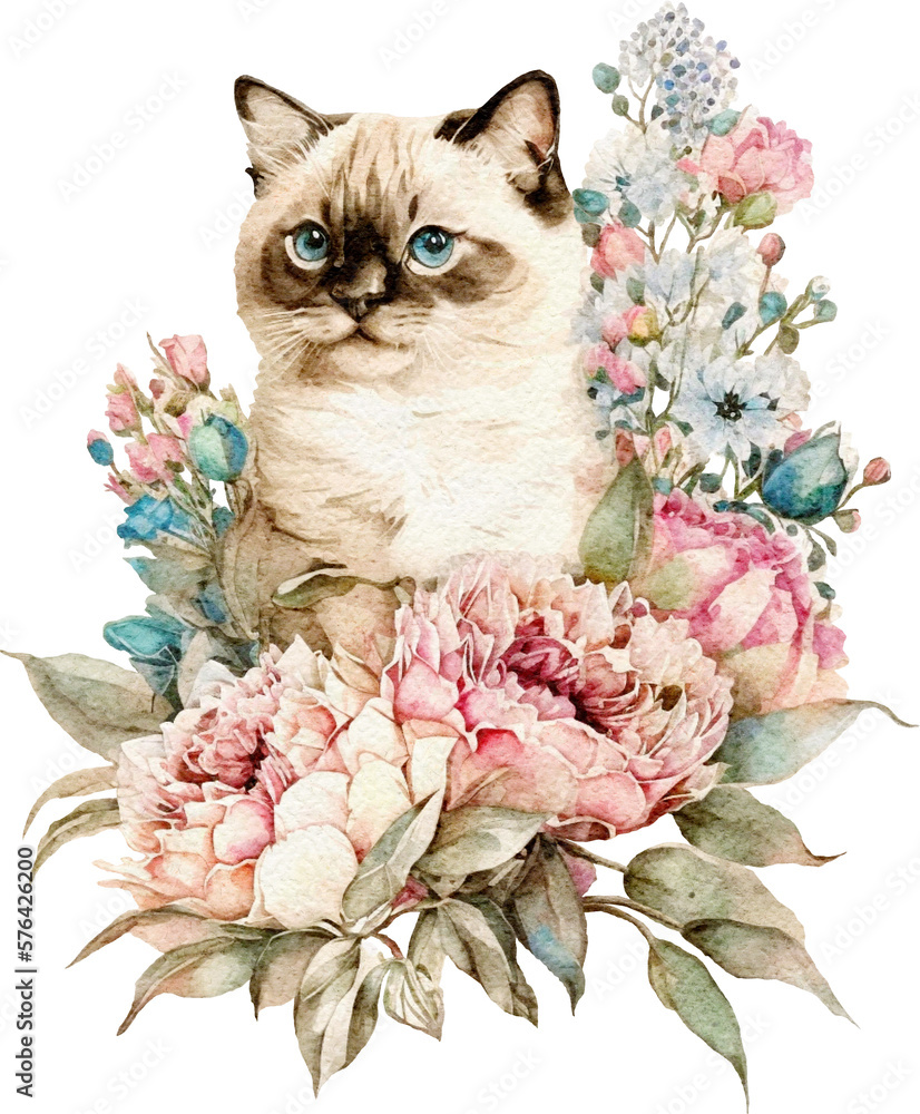 Poster cat with flowers illustration created with generative ai technology