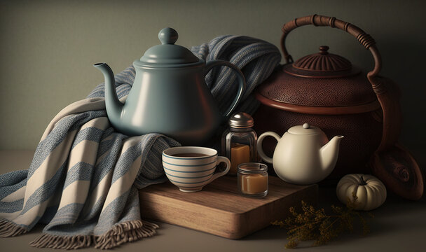  a painting of a tea pot, tea cups, and a tea kettle.  generative ai