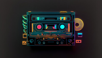 Retro audio cassette tape for cassette recorder, neon light, 80s-90s style, nostalgic music