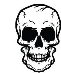 Skull head  wearing sunglasses and listening music in headphones. skull pirate, vector illustration in monochrome vintage style isolated on white background