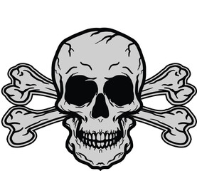 Skull head  wearing sunglasses and listening music in headphones. skull pirate, vector illustration in monochrome vintage style isolated on white background