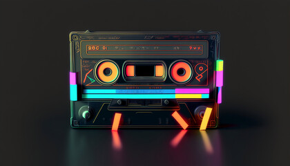 Retro audio cassette tape for cassette recorder, neon light, 80s-90s style, nostalgic music - obrazy, fototapety, plakaty