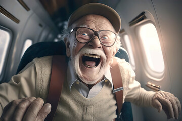 Ai illustration of a elderly man preparing to jump out of an airplane