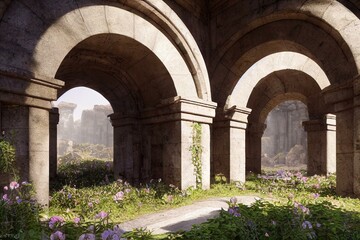Fototapeta na wymiar Ancient arch and pillars, lush flowers, portal to another world, magical, ancient runes, alien planet, stone arcs, Generative AI