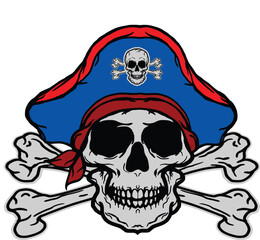 Skull head  wearing sunglasses and listening music in headphones. skull pirate, vector illustration in monochrome vintage style isolated on white background