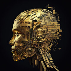 Female gold computer robotic android head profile cutaway on black background by generative AI