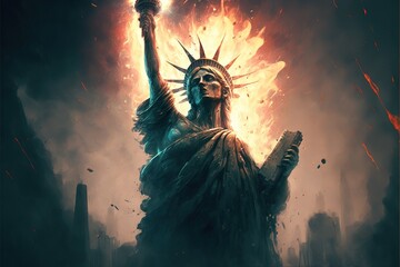 Statue of Liberty with fire burning in background