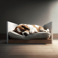 Cachorro dormindo na cama, criado por IA - obrazy, fototapety, plakaty