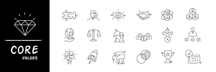 Modern company core values or business Ethics vector monoline icon set with editable stroke.