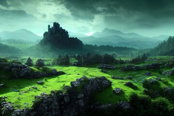 Fantastic Epic Magical Landscape of Mountains. Summer nature. Mystic Valley. Artwork sketch. Gaming background. Gray rocks and green plain. Castle ruins and fog. Celtic Medieval forest. Generative AI