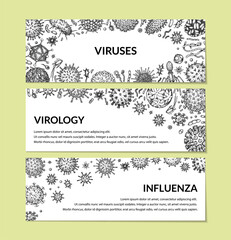 Virus horizontal background in sketch style. Hand drawn bacteria, germ, microorganism. Microbiology scientific design. Vector illustration in sketch style