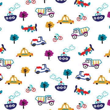 Colorful paint kid's drawing taxi,truck,plane,ship,bicycle,tree,motorcycle pattern