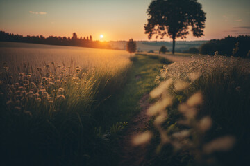 Fototapeta Walk on a path in a field with a sunset obraz