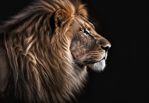 Beautiful profile photo of a lion with a full mane, set against a black backdrop. Generative AI
