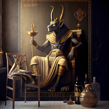 Illustration of Anubis sitting on his throne in Egypt drinking a cup of wine on his throne created with Generative AI technology