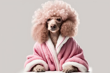 Funny illustration of cute poodle dressed in pink. Generative AI