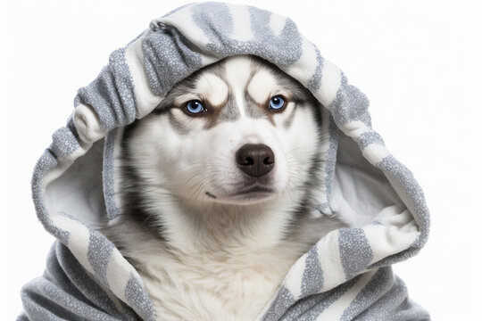Funny illustration of dog in bathrobe. White background. Generative AI