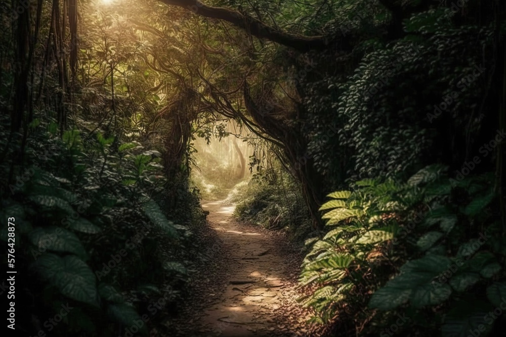 Poster sunlight-dappled road winding through the trees of a forest generative ai