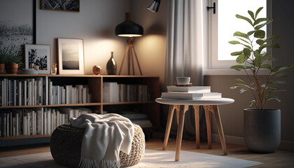 A living room designed in the minimalist Scandinavian style, with added personal touches. Generative AI