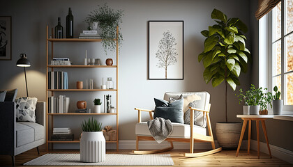 A contemporary Scandinavian living room design with individualized accents. Generative AI