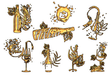 Collection of wine glasses and bottles - Wine Designs. Sketch vector illustration. Hand drawn elements for invitation cards, advertising banner and menu cards. Wine glasses with splashing wine.