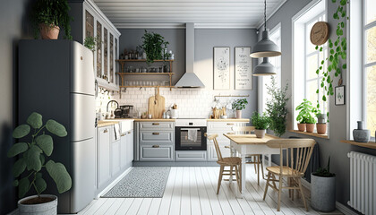 Fototapeta na wymiar A kitchen designed in Scandinavian style, characterized by the minimalist decor, white and gray tones, and natural wood textures. Generative AI