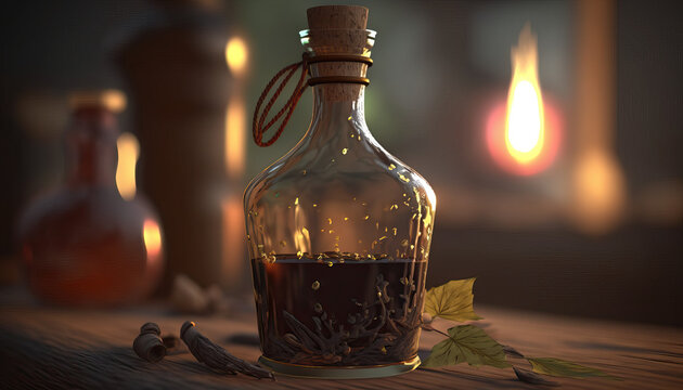 Incorporating a glass bottle with a cork stopper enhances the vintage sensation of a potion or elixir from a bygone era. Generative AI