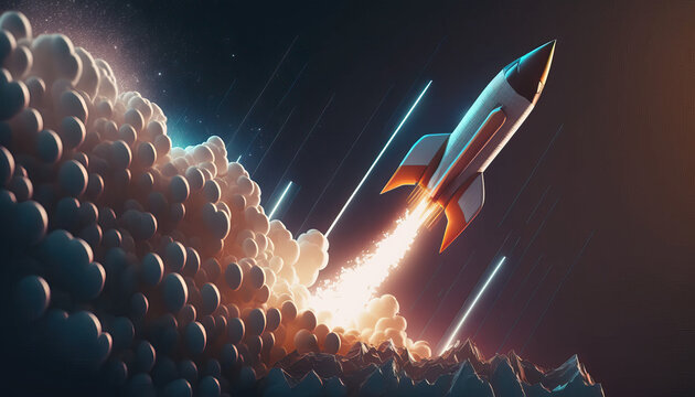 Vibrant Illustration Of A Rocket Ship Blasting Off Into Space.  Generative AI