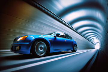 Obraz na płótnie Canvas New modern blue sedan car speeding in a tunnel, left side view, copy space, generative AI