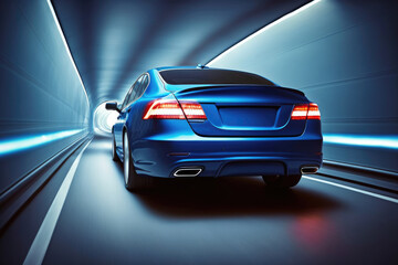 Obraz na płótnie Canvas New modern blue sedan car speeding in a tunnel, rear side view, copy space, generative AI