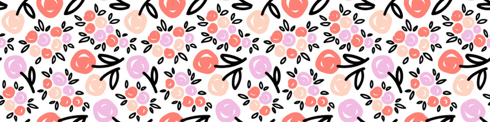 Hand drawn seamless Pattern with big and small Flowers for textile, wallpaper, greeting, wrapping, package. Stylized roses background. Simple Spring or Summer texture. Vector illustration.