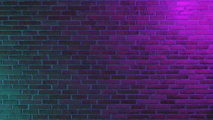 Fototapeta na wymiar brick wall illuminated by blue and purple neon lights