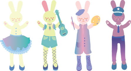 Four rabbits in different profession