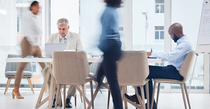 Corporate, busy and motion blur with business people in an office boardroom for planning or strategy. Meeting, management or walking with a man and woman employee group rushing to attend a workshop