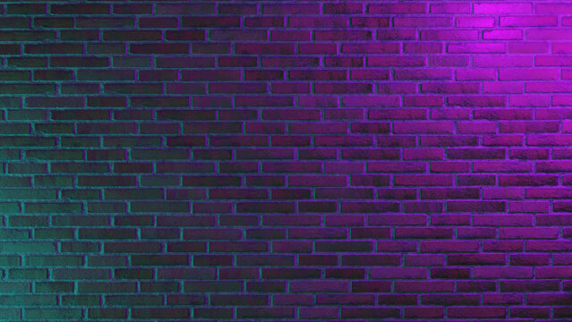 brick wall illuminated by blue and purple neon lights
