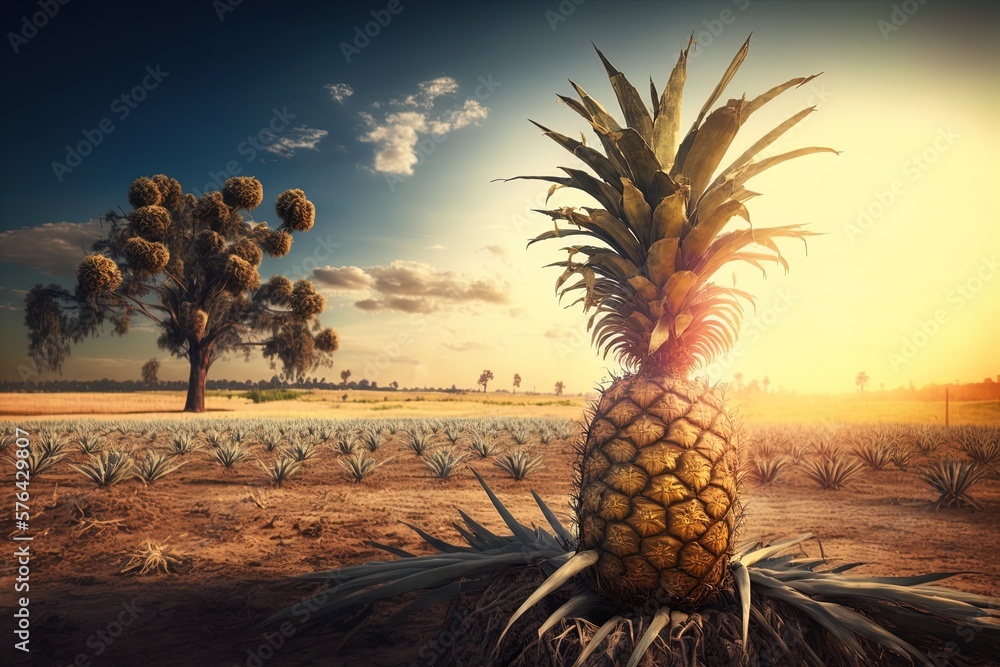 Poster sunlight shining down on a pineapple tree in a rural setting. generative ai
