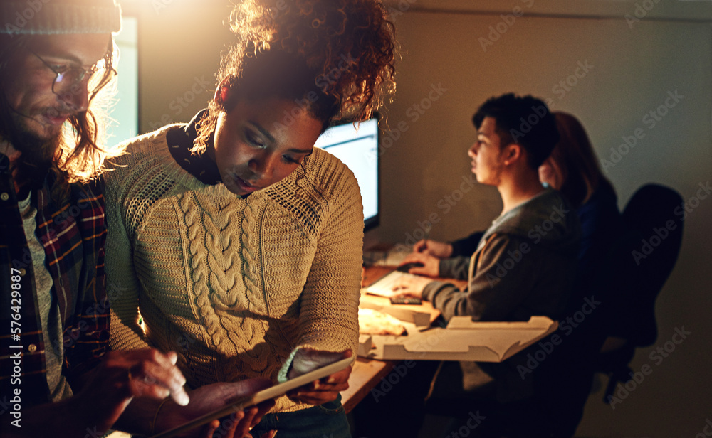 Poster collaboration tablet and research with people in office at night for planning, web design and strate
