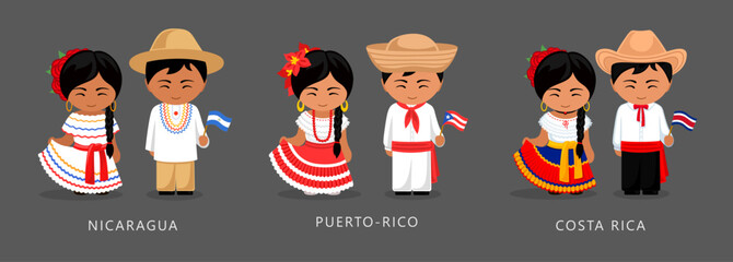 Nicaragua, Puerto Rico, Costa Rica ethnic costume. Woman wearing traditional dress, man with national flag. Latin American couple. Vector flat illustration. - obrazy, fototapety, plakaty